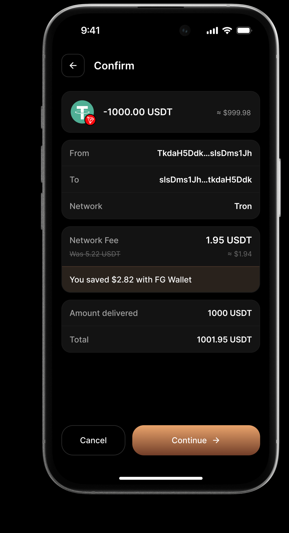Transfer confirmation and fee in USDT